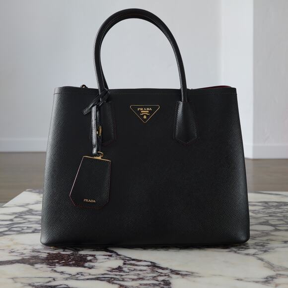 PRADA Medium Saffiano Cuir Double Tote w/ Strap Black/Fiery Red 1BG775 - Picture 1 of 6